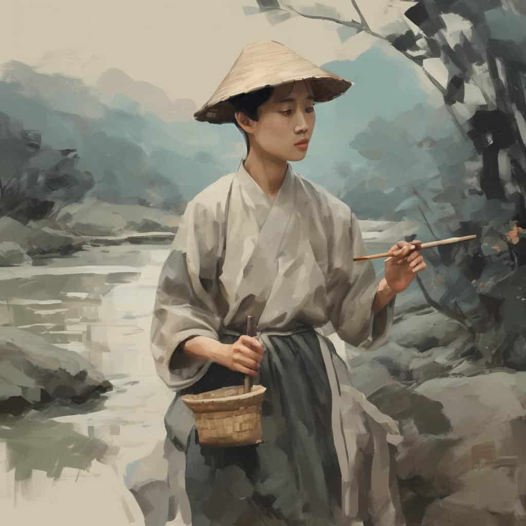 Οπτική έκφραση της μνήμης, γυναίκα με παραδοσιακό σεντούκι και καπέλο, κοντά σε ποταμό, ρεαλιστική ζωγραφιά, πολιτισμός και μνήμη.