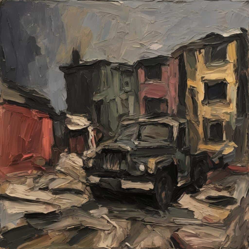 Παλιό φορτηγό σε εγκαταλελειμμένο οικόπεδο, ζωγραφική έντονα χρώματα και δυνατές πινελιές.