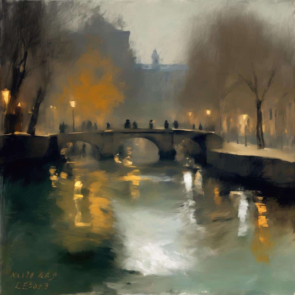 ρεαλιστική ζωγραφιά λιμνούς και πεζοδρομίου, καλοκαιρινή νύχτα, πηγές φωτός, γέφυρα, κατάνυξη, ατμόσφαιρα μνήμης, οπτική έκφραση.