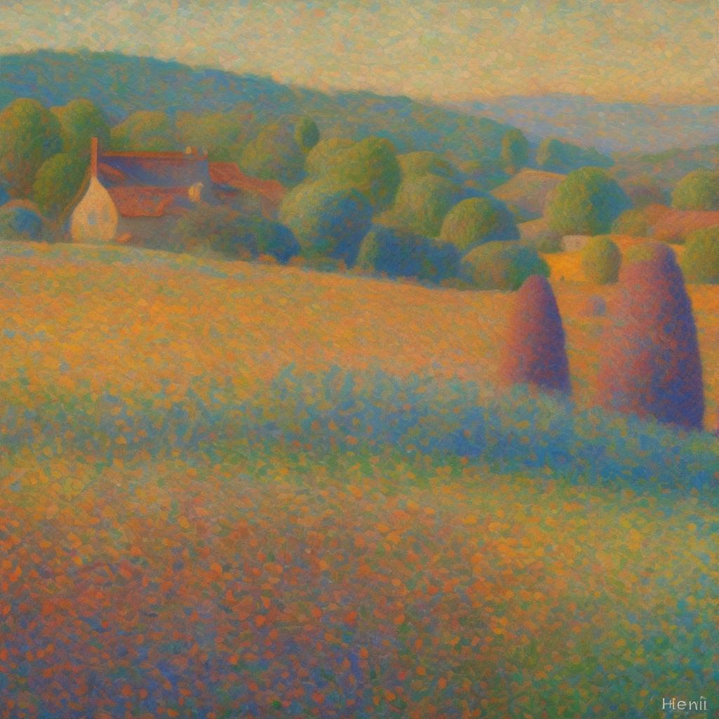 νησίδα κωνικών δεμάτων σε τοπίο με σπίτια και δέντρα, με εντυπωσιακή χρωματική παλέτα, αντιμετωπίζει την μνήμη και την οπτική έκφραση.