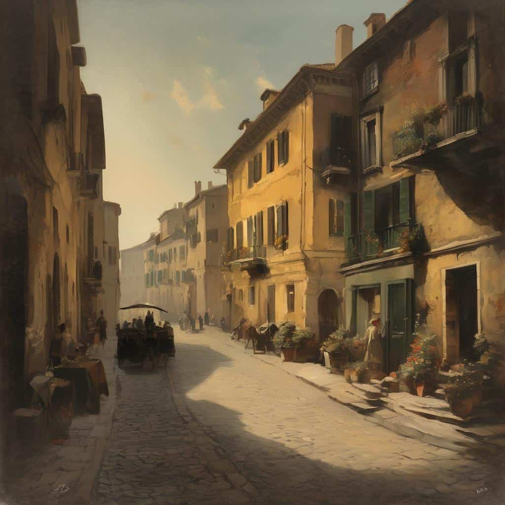 Παλιό εικαστικό σκηνικό σε πλακόστρωτο δρόμο της παλιάς πόλης, δείχνει εικόνα μνήμης και οπτικής έκφρασης.