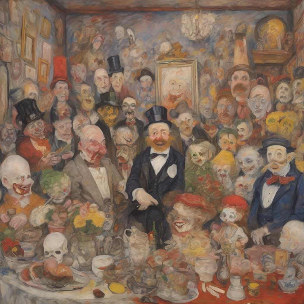 Οπτική έκφραση της μνήμης με καρικατούρες και προσωπεία σε πίνακα ζωγραφικής, αποτυπώνοντας τις διαφορετικές όψεις της μνήμης και της βιωματικής αφήγησης.